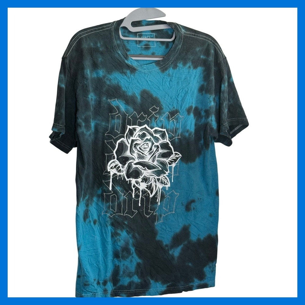 rue21 Mens Blue Black Tie Dye Rose Drip Graphic T-Shirt Streetwear Cotton Tee